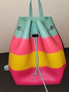 American Jewel Striped Pink Yellow Blue/Teal Drawstring Tote Bag Yummy Gummy